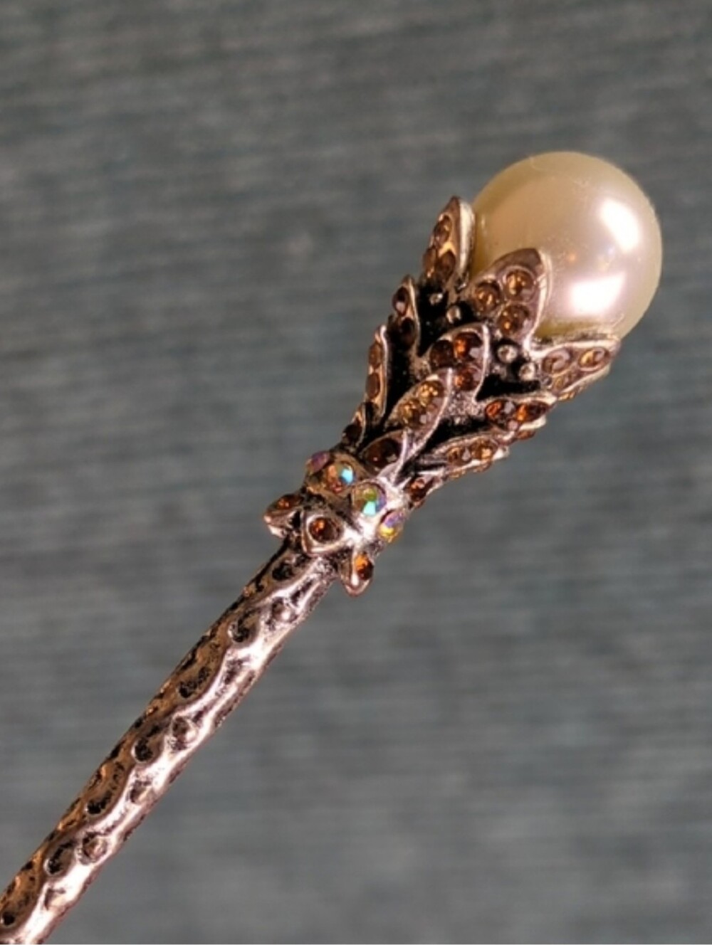 Ornate Silver Hair Stick Large Pearl And Rhinestones